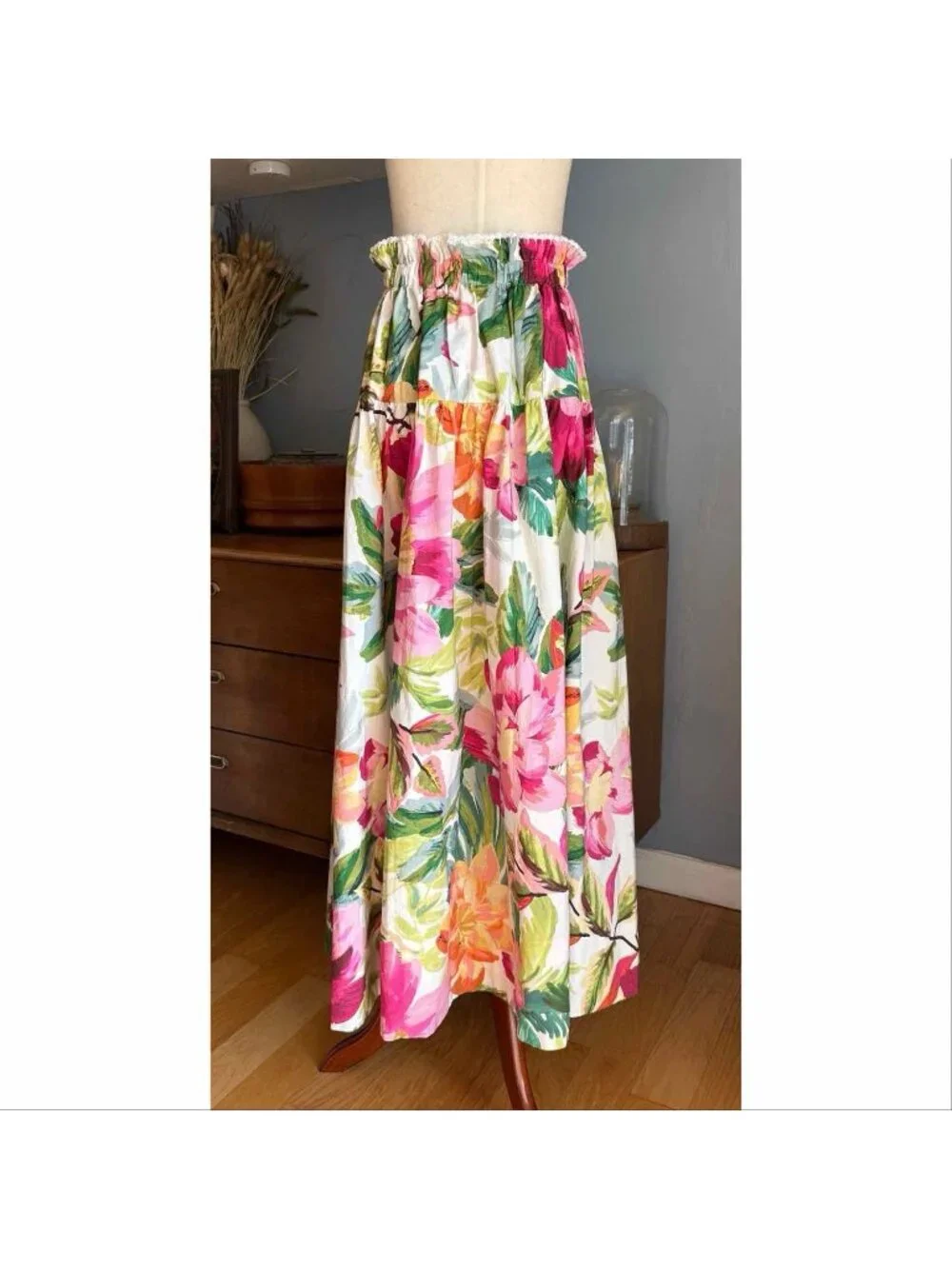 Farm Rio Painted Flowers Maxi Skirt Belted w/ Beaded Fringe Cotton